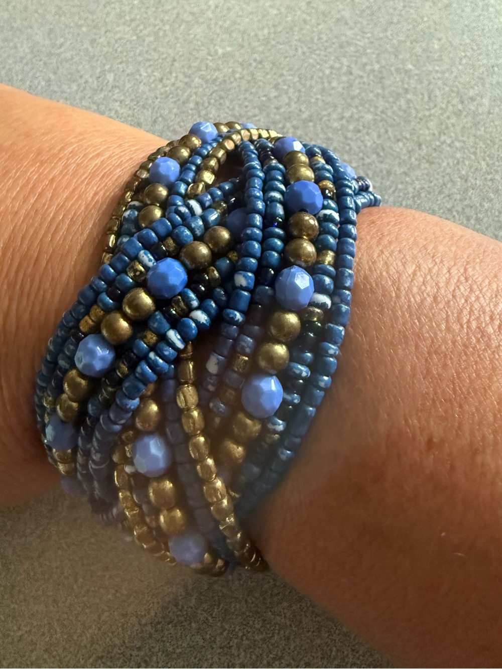 Blue and gold beaded wrap bracelet